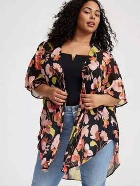 Torrid Size 0 Pop Watercolor Floral Chiffon Shirttail Kimono